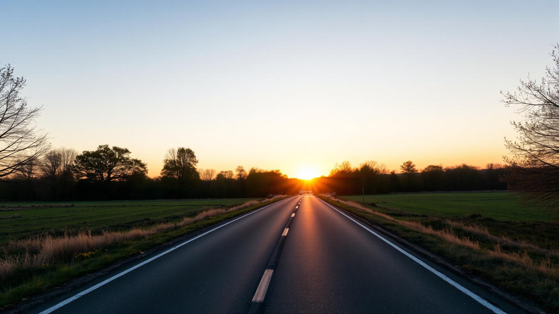 Open road heading toward a sunrise horizon